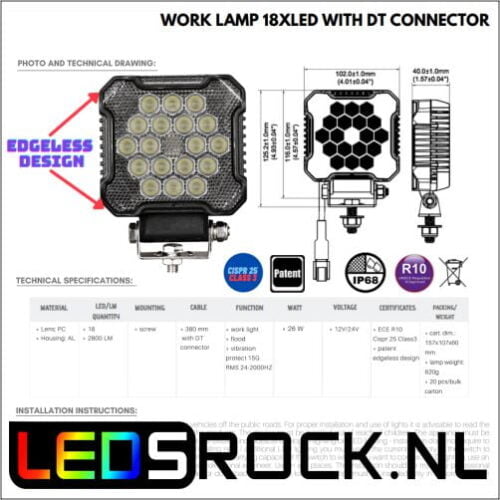 26 watt led werklamp met DT connector productsheet-ledsrock.nl